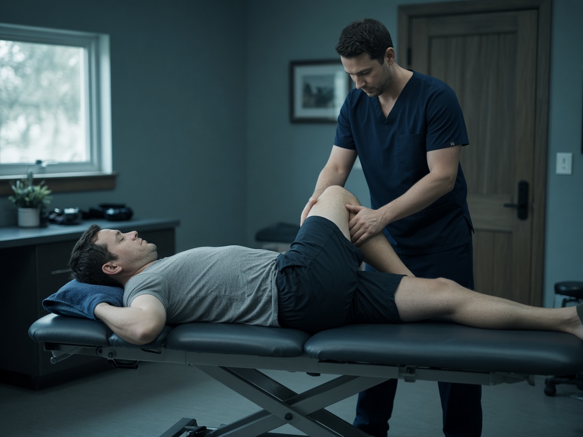 Guided rehab stretch on the treatment table
